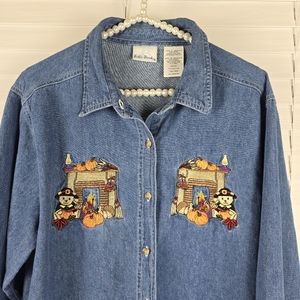 Bobbie Brooks Denim Button-Down Shirt with Fall Theme
